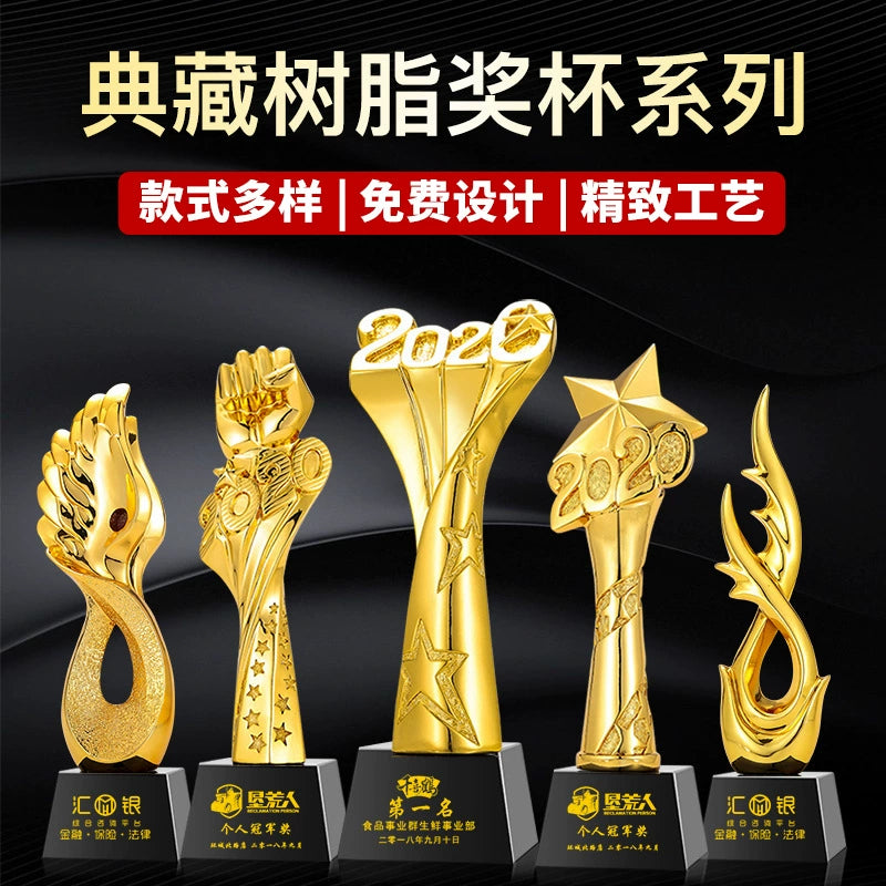 Wholesale Custom Logo Creative Resin Gold Plated Award Trophy With Black Glass Crystal Base-69款树脂奖杯