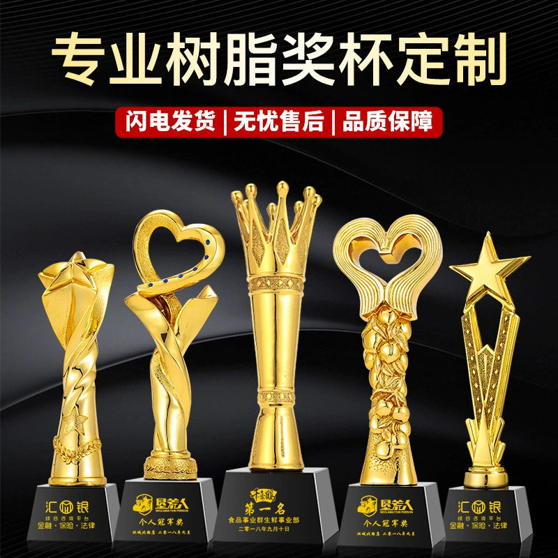 Wholesale Custom Logo Creative Resin Gold Plated Award Trophy With Black Glass Crystal Base-69款树脂奖杯