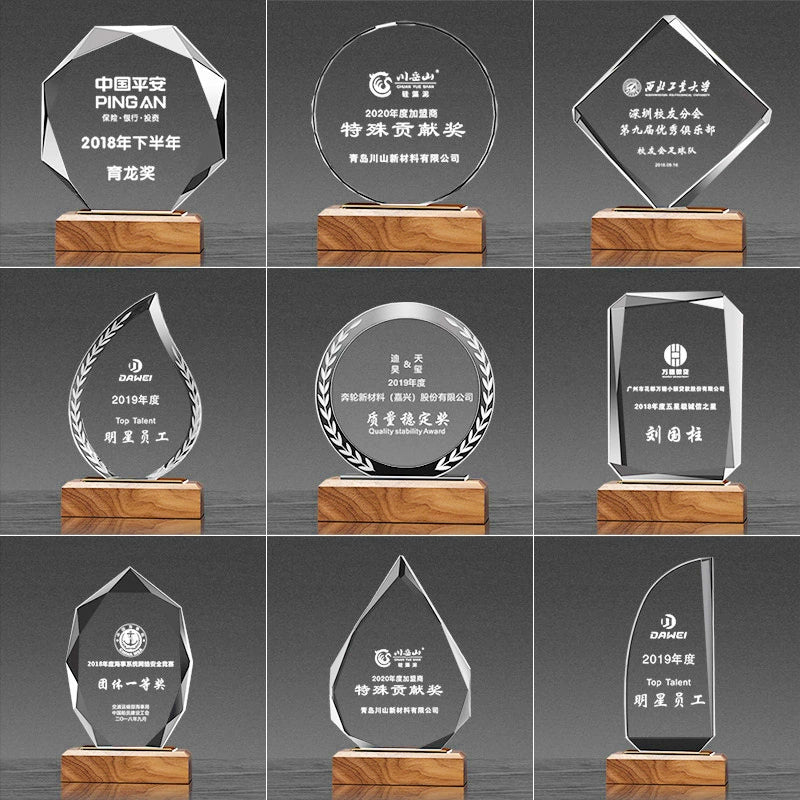 Solid Wood Base Crystal Awards Color Printed Crystal Trophy-1-01款木质水晶奖杯