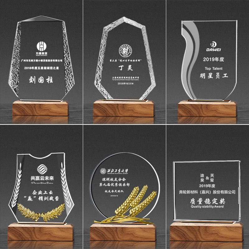 Solid Wood Base Crystal Awards Color Printed Crystal Trophy-1-01款木质水晶奖杯