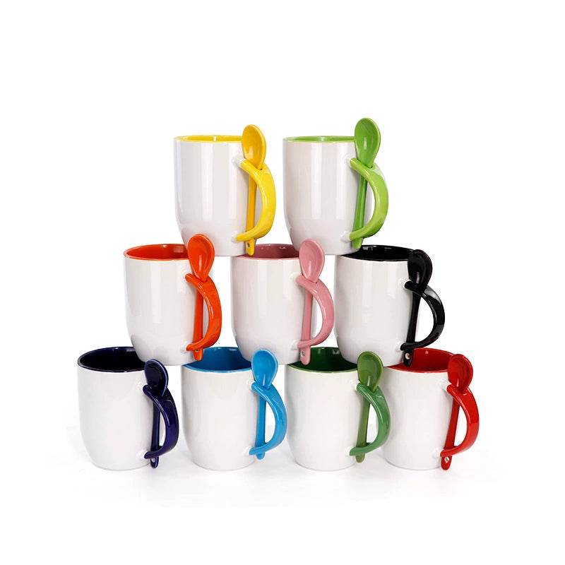 11oz Ceramic Mug With Spoon Custom Two Tone Porcelain Coffee Cup Colored Handle-11oz内彩彩把插勺杯