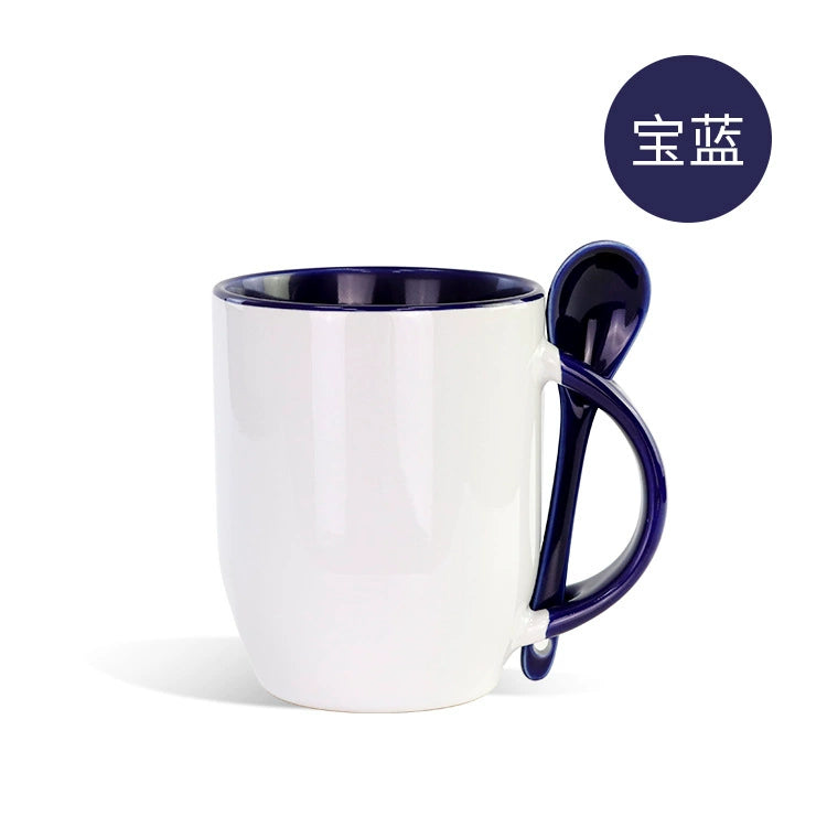 11oz Ceramic Mug With Spoon Custom Two Tone Porcelain Coffee Cup Colored Handle-11oz内彩彩把插勺杯