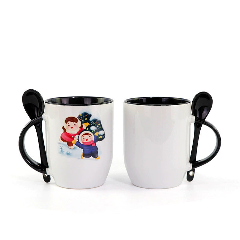 11oz Ceramic Mug With Spoon Custom Two Tone Porcelain Coffee Cup Colored Handle-11oz内彩彩把插勺杯