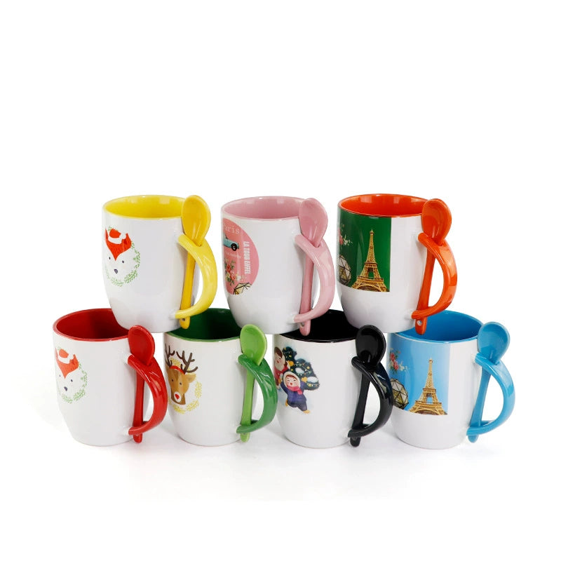 11oz Ceramic Mug With Spoon Custom Two Tone Porcelain Coffee Cup Colored Handle-11oz内彩彩把插勺杯