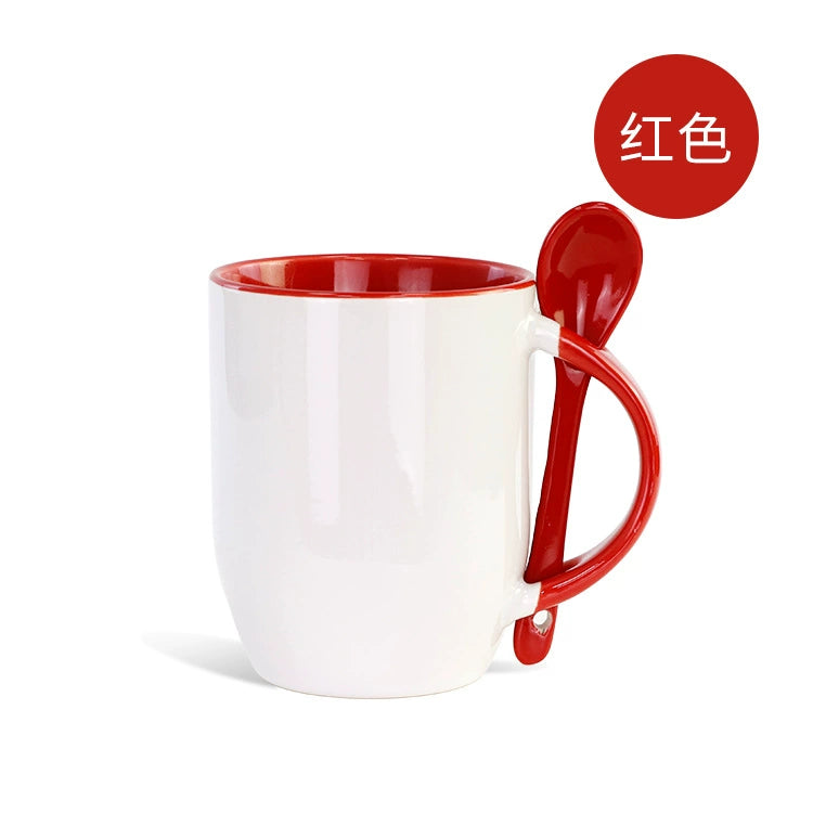 11oz Ceramic Mug With Spoon Custom Two Tone Porcelain Coffee Cup Colored Handle-11oz内彩彩把插勺杯