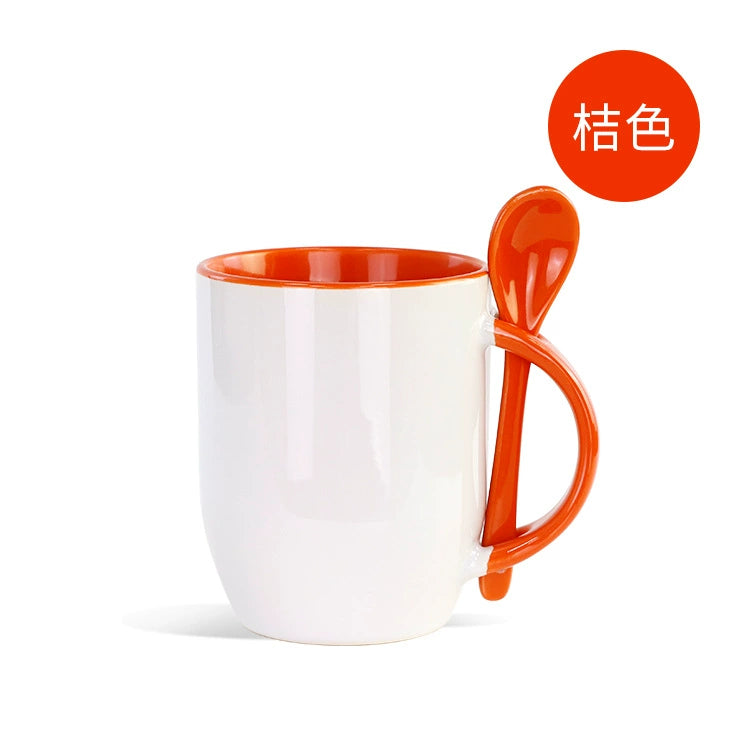 11oz Ceramic Mug With Spoon Custom Two Tone Porcelain Coffee Cup Colored Handle-11oz内彩彩把插勺杯