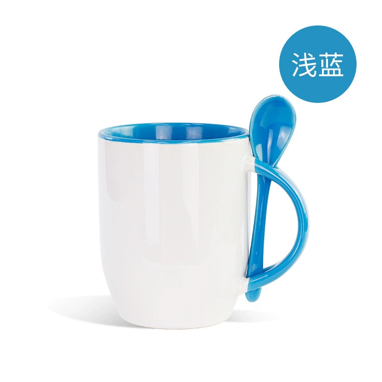 11oz Ceramic Mug With Spoon Custom Two Tone Porcelain Coffee Cup Colored Handle-11oz内彩彩把插勺杯