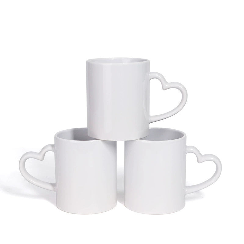 Sublimation Blank 11oz White Ceramic Coffee Mug with Heart Handle-11oz心柄白杯