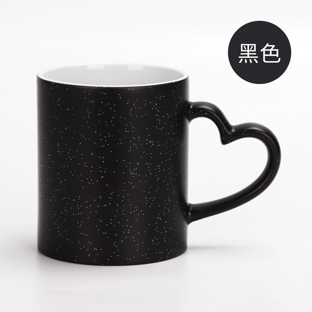 11oz Sublimation Magic Color Changing Ceramic Coffee Mug with Heart-shape Handle-11oz心把磨砂变色杯