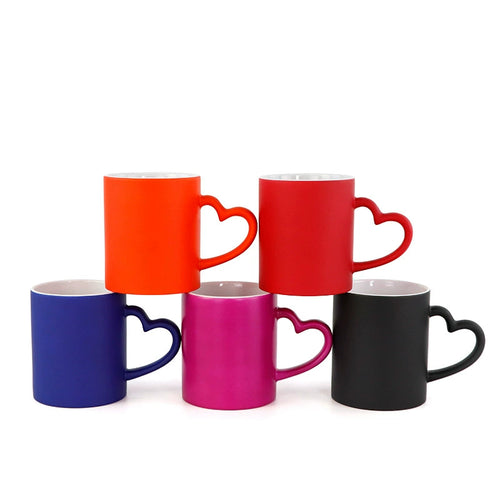 11oz Sublimation Magic Color Changing Ceramic Coffee Mug with Heart-shape Handle-11oz心把磨砂变色杯