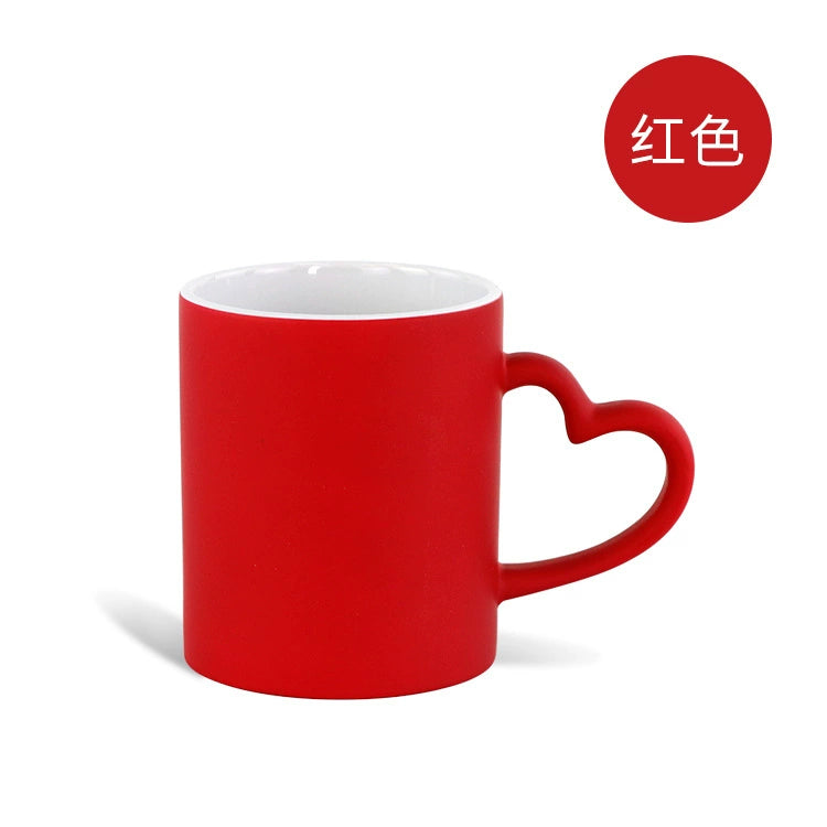 11oz Sublimation Magic Color Changing Ceramic Coffee Mug with Heart-shape Handle-11oz心把磨砂变色杯