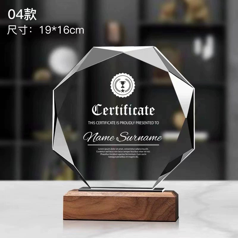 New Design Crystal Trophy Award with Engraving logo Leadership Team Employee Award Honor Souvenirs-4-04款木质水晶奖杯
