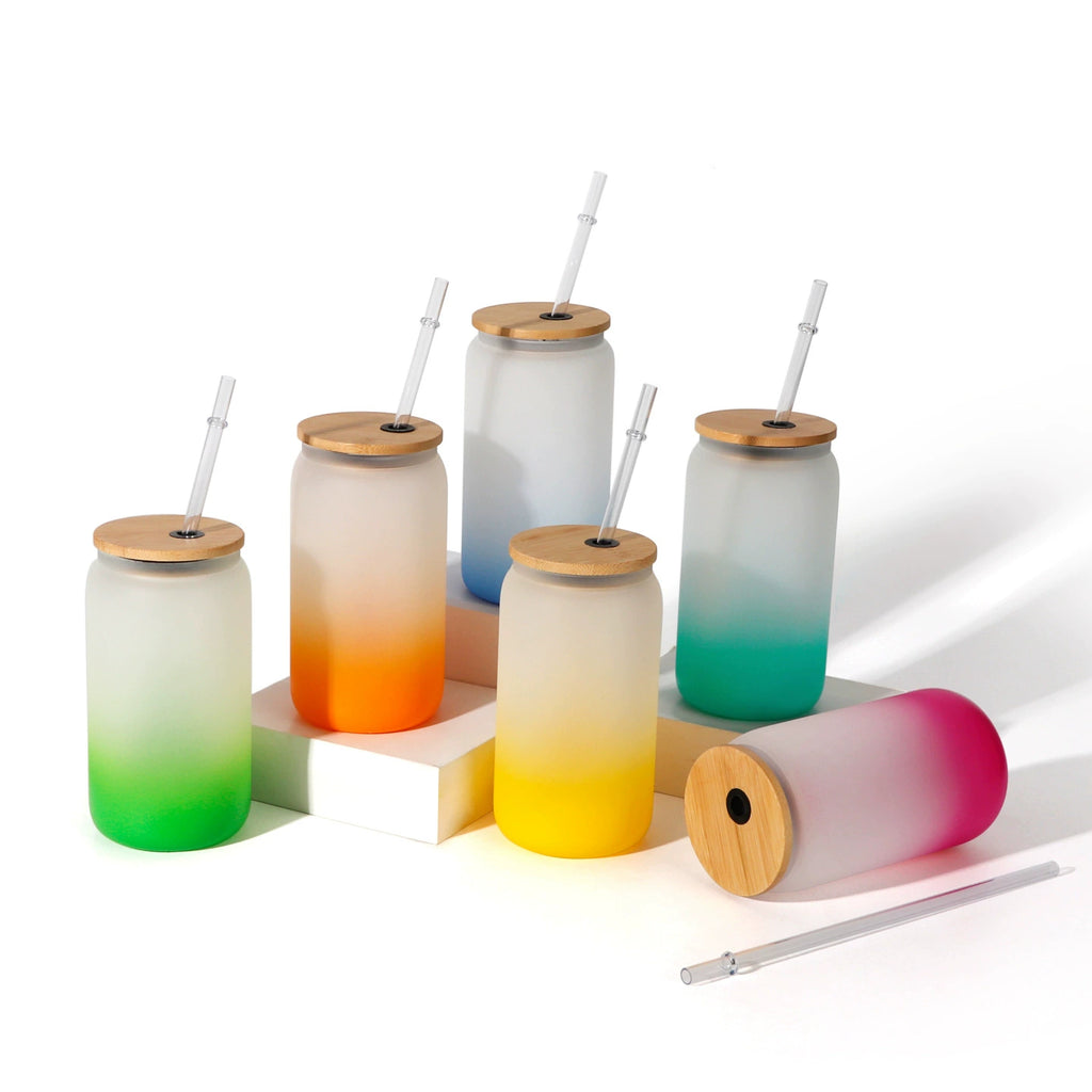 450ml Gradient Color Sublimation Frosted Ombre Glass Can-450ml可乐罐吸管玻璃杯