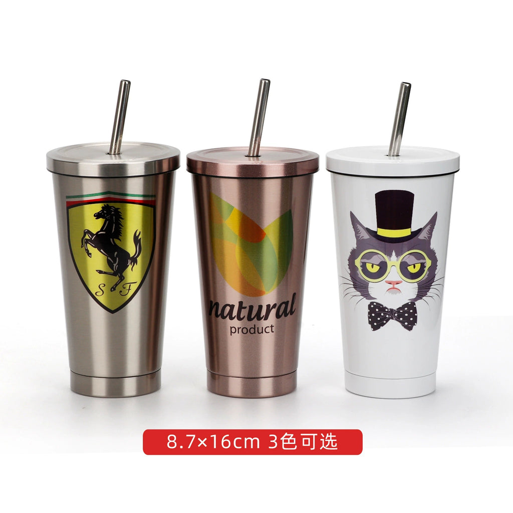 500ml Insulated Stainless Steel Coffee Tumbler Reusable Vacuum Travel Mug-550ml锥形吸管杯